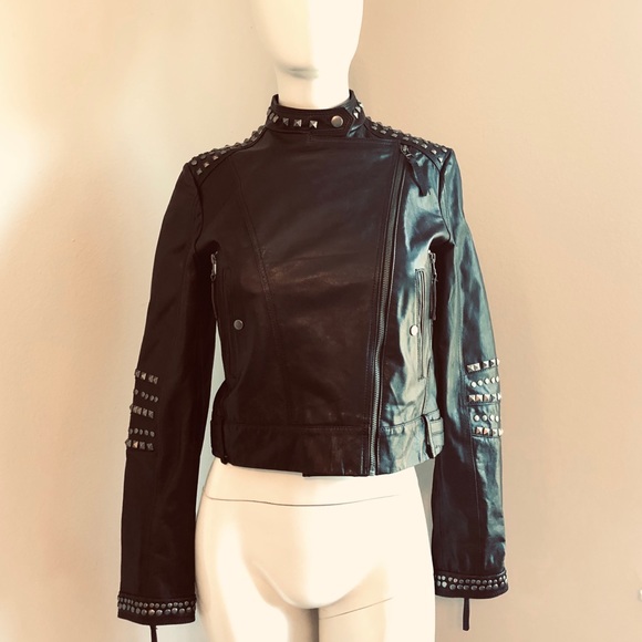 Studded Dark Brown Leather Moto Jacket by Mango-Sz S-EUC - Picture 3 of 8